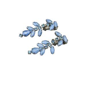 Vintage Blue Rhinestone Clip On Earrings 2" Long Dangles Costume Jewelry